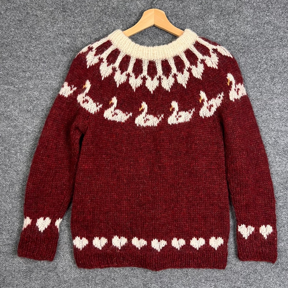 Vintage Unbranded Swan Heart Knit Sweater Womens S Fair Isle Wool Mix